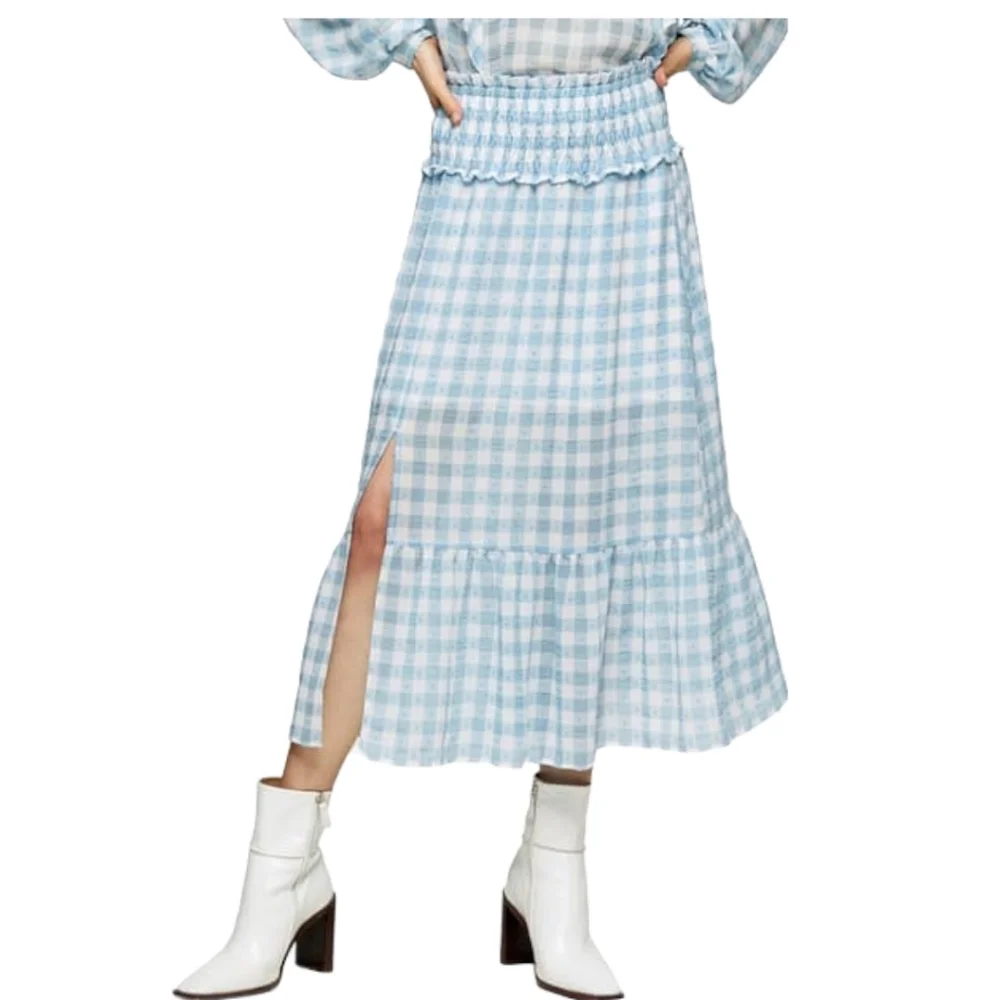 TOPSHOP Gingham Smocked Tiered Midi Skirt SZ 8‎